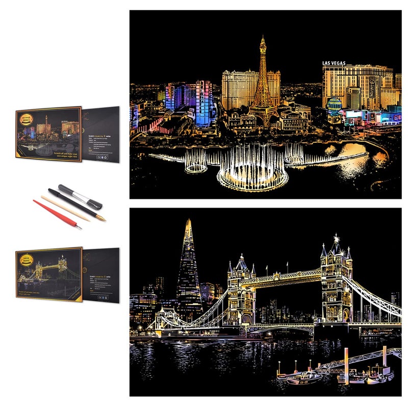 BOTEEN Scratch Rainbow Painting Art Paper,Scratch&Sketch Art for Adults,Scratch Painting Gift Engraving Art&Craft Set,Scratchboard with 4 Tools,16''x11''(Las Vegas,Tower Bridge) - Image 1